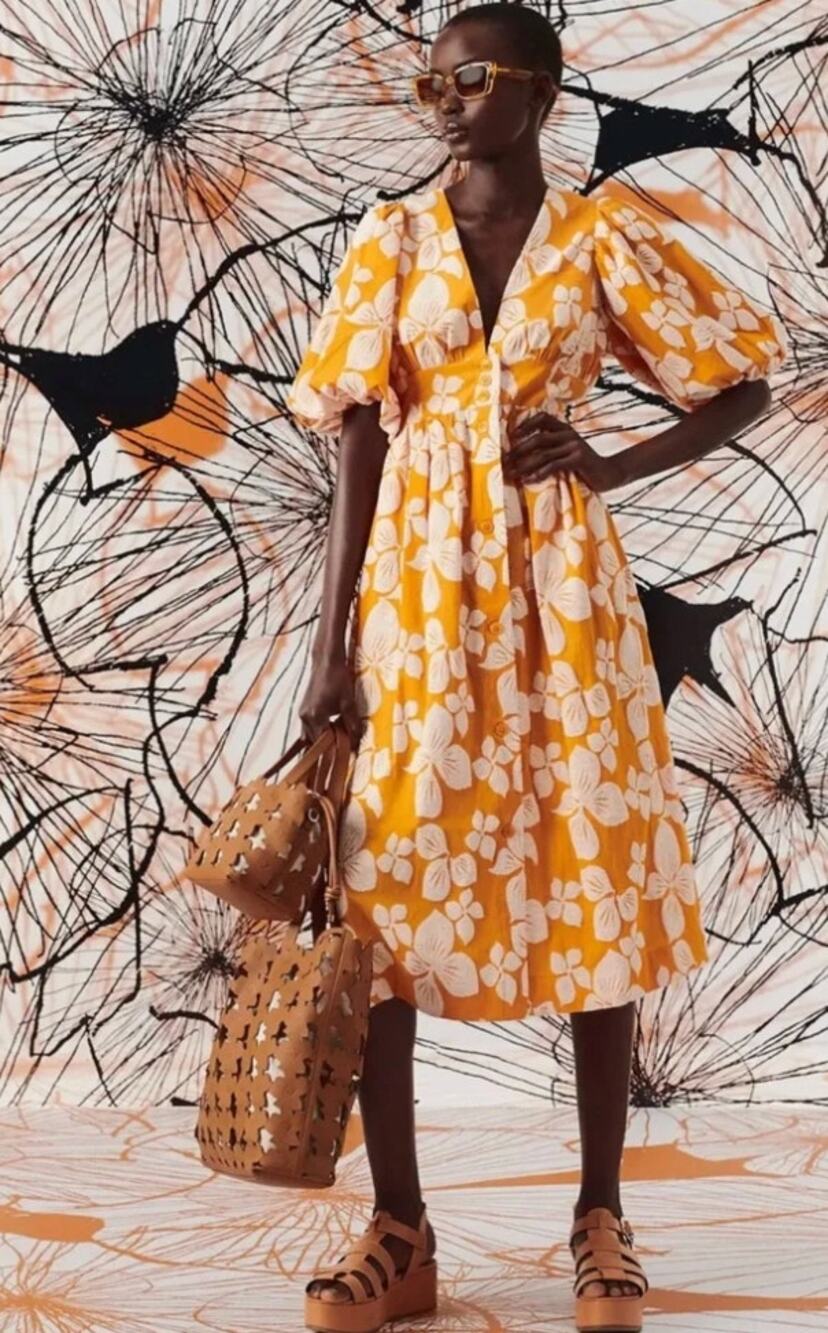 Ted Baker Dress 6 Cinthy Floral Jacquard Midi Puff Sleeve Orange Party Dinner